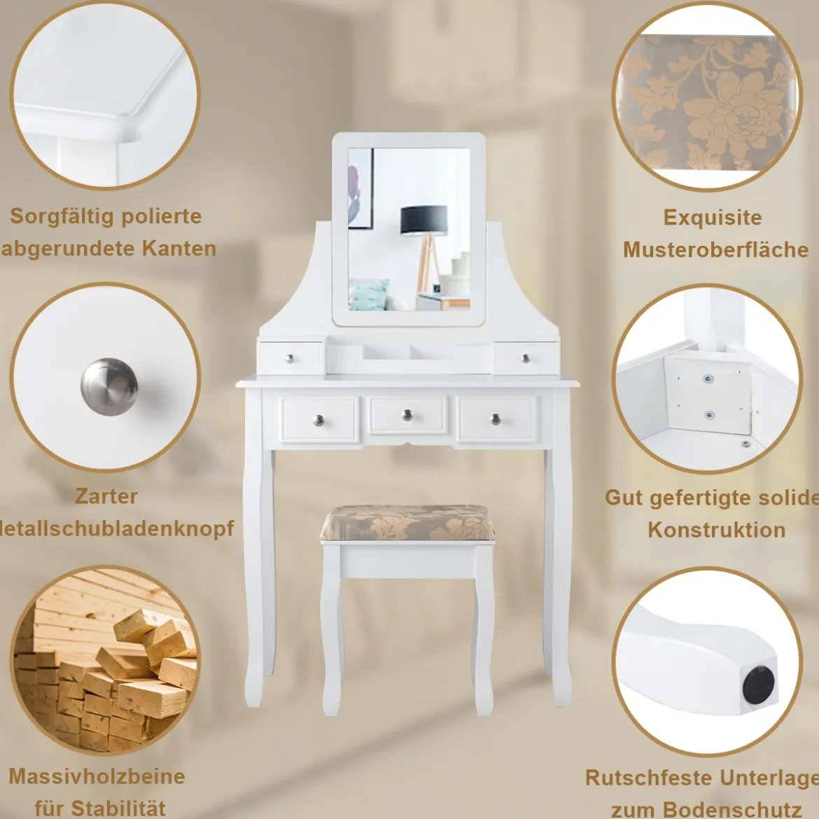 Schminktisch mit Hocker Frisiertisch-Set Kosmetiktisch mit 5 Schubladen und Spiegel Weiß