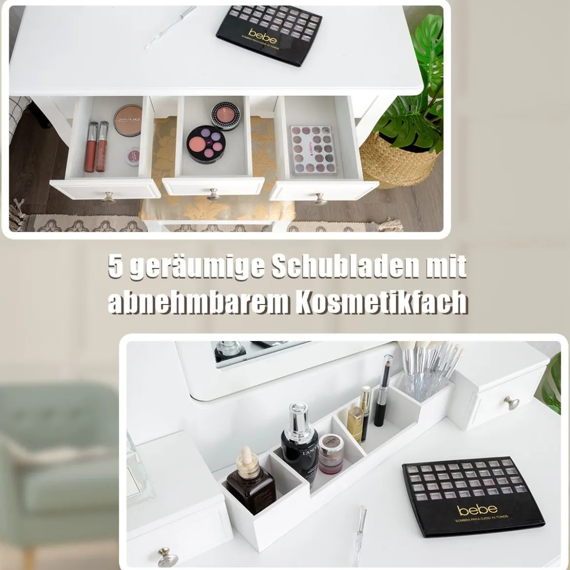 Schminktisch mit Hocker Frisiertisch-Set Kosmetiktisch mit 5 Schubladen und Spiegel Weiß