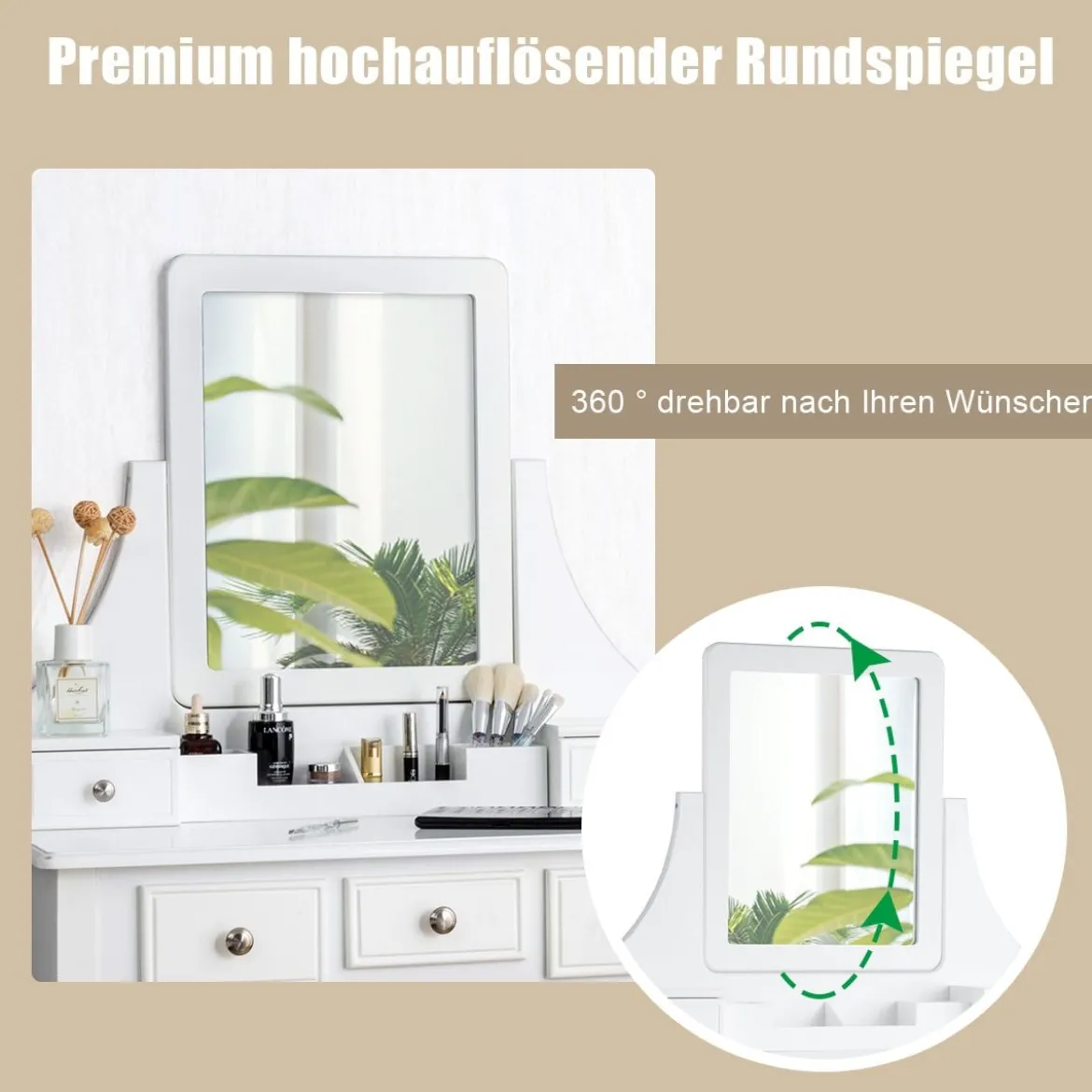 Schminktisch mit Hocker Frisiertisch-Set Kosmetiktisch mit 5 Schubladen und Spiegel Weiß