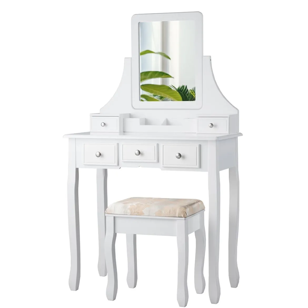 Schminktisch mit Hocker Frisiertisch-Set Kosmetiktisch mit 5 Schubladen und Spiegel Weiß