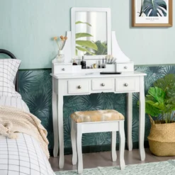 Schminktisch mit Hocker Frisiertisch-Set Kosmetiktisch mit 5 Schubladen und Spiegel Weiß