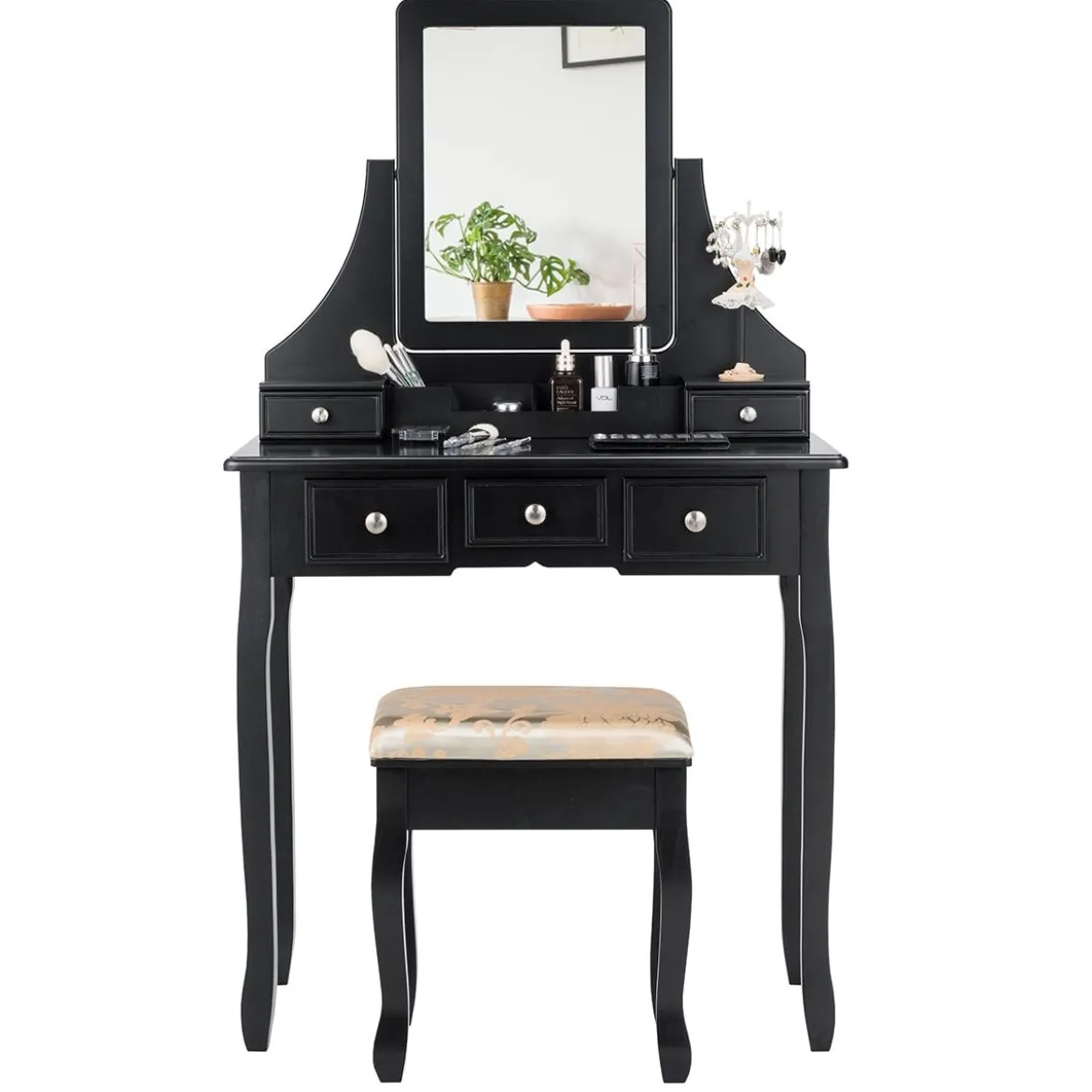 Schminktisch mit Hocker Frisiertisch-Set Kosmetiktisch mit 5 Schubladen und Spiegel Schwarz