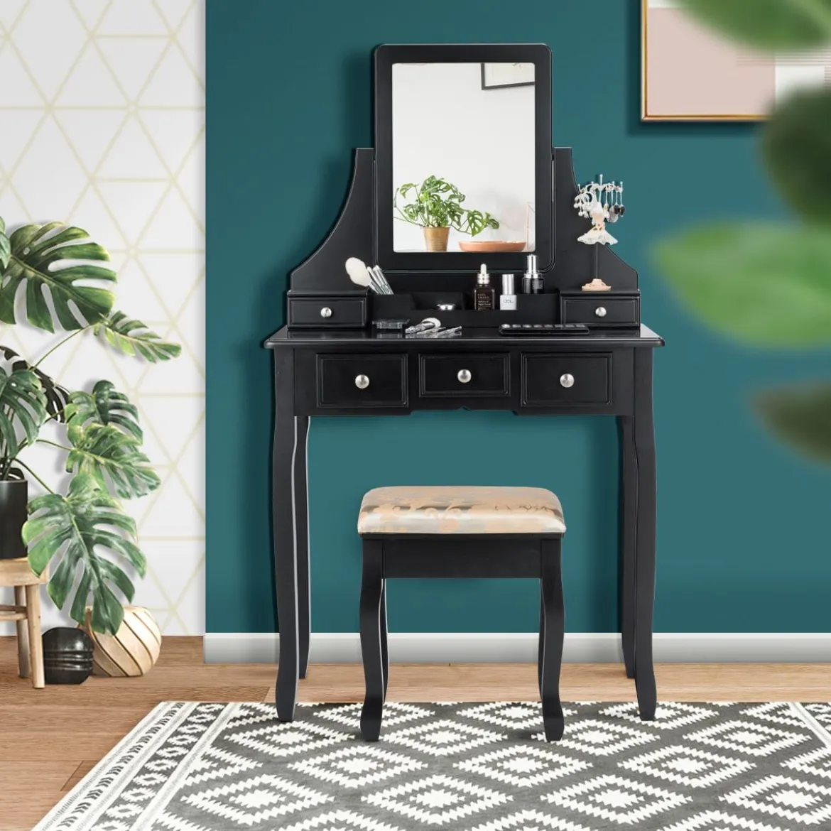 Schminktisch mit Hocker Frisiertisch-Set Kosmetiktisch mit 5 Schubladen und Spiegel Schwarz
