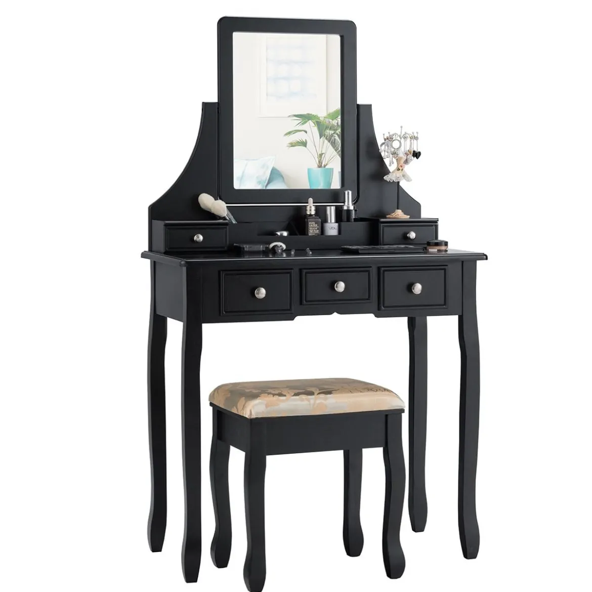 Schminktisch mit Hocker Frisiertisch-Set Kosmetiktisch mit 5 Schubladen und Spiegel Schwarz