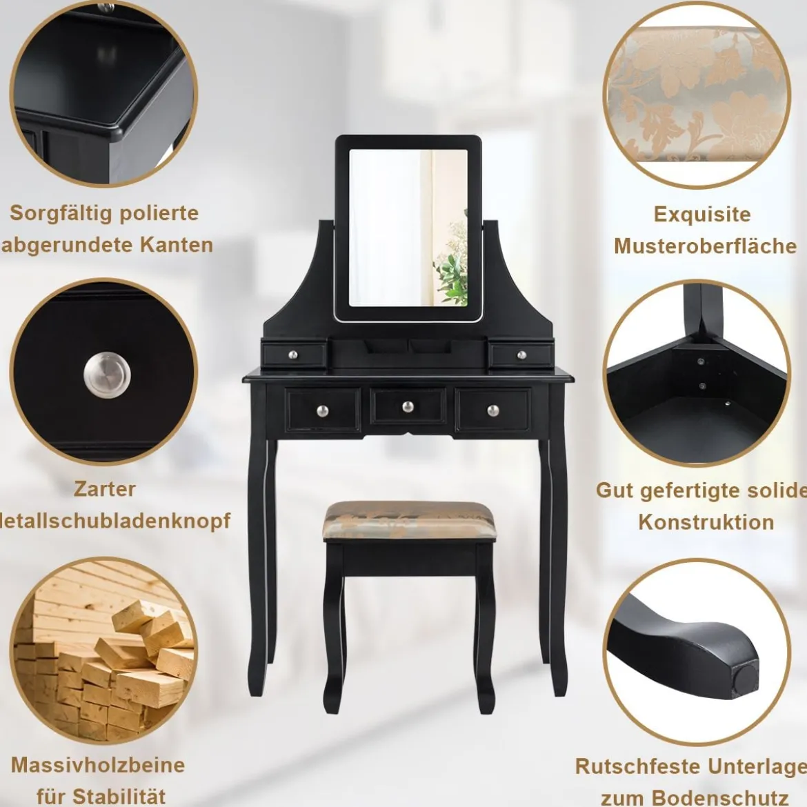Schminktisch mit Hocker Frisiertisch-Set Kosmetiktisch mit 5 Schubladen und Spiegel Schwarz