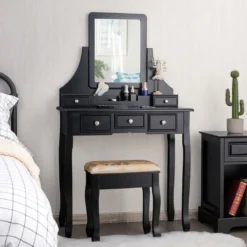 Schminktisch mit Hocker Frisiertisch-Set Kosmetiktisch mit 5 Schubladen und Spiegel Schwarz