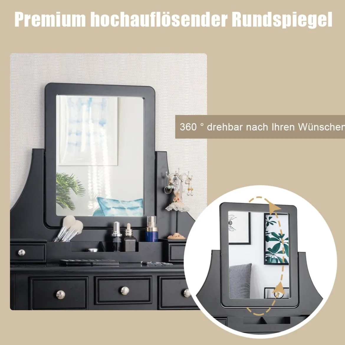 Schminktisch mit Hocker Frisiertisch-Set Kosmetiktisch mit 5 Schubladen und Spiegel Schwarz