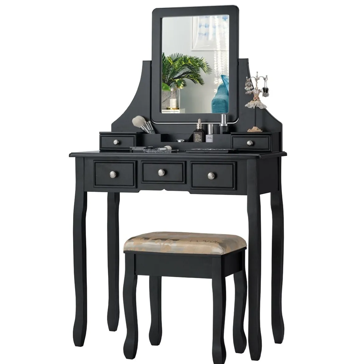 Schminktisch mit Hocker Frisiertisch-Set Kosmetiktisch mit 5 Schubladen und Spiegel Schwarz