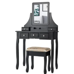 Schminktisch mit Hocker Frisiertisch-Set Kosmetiktisch mit 5 Schubladen und Spiegel Schwarz