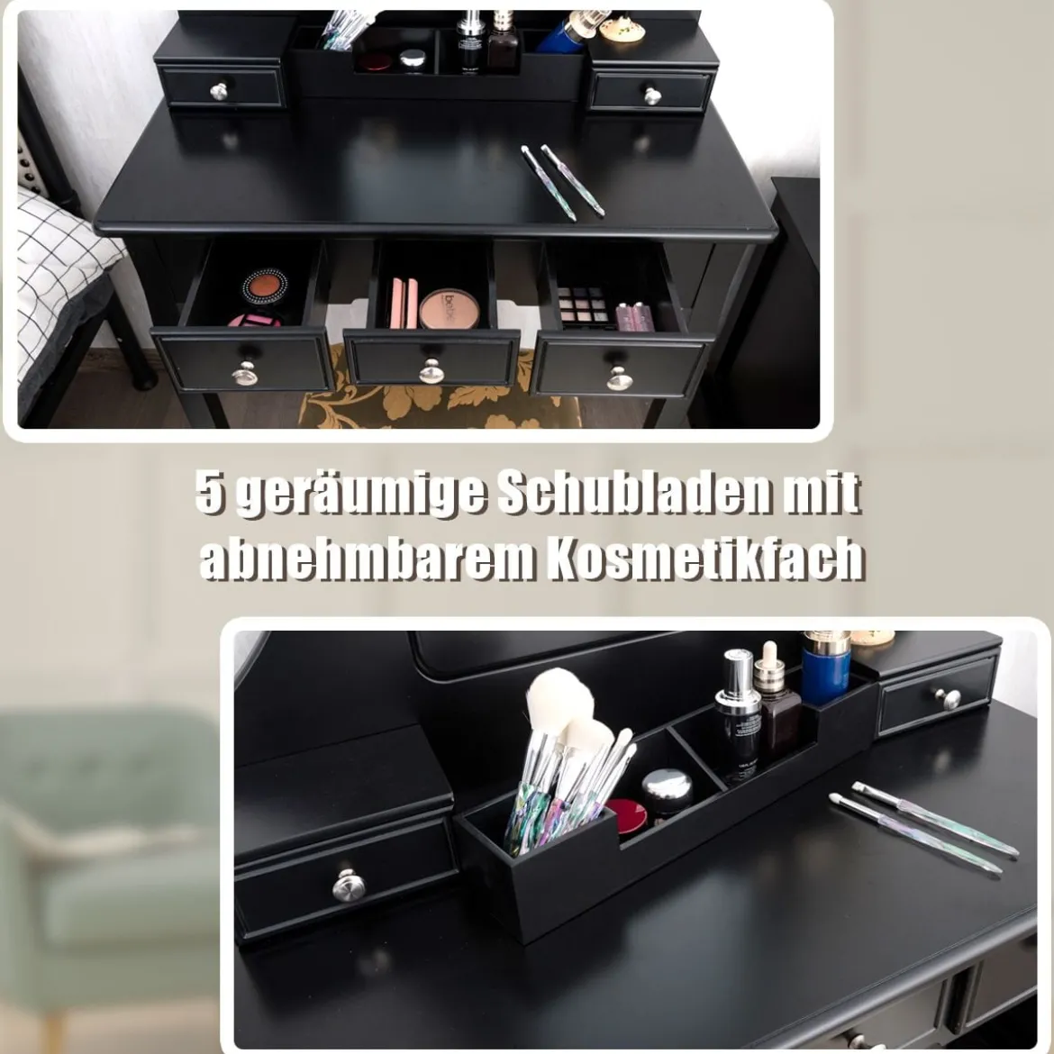 Schminktisch mit Hocker Frisiertisch-Set Kosmetiktisch mit 5 Schubladen und Spiegel Schwarz