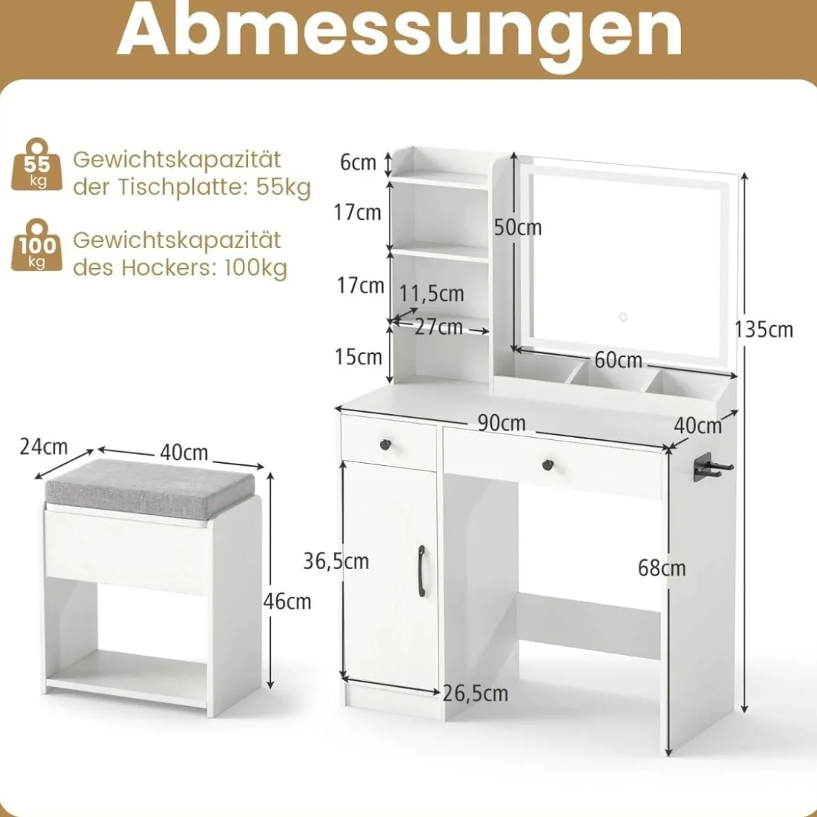 Schminktisch mit Hocker & LED-Spiegel & Steckdosen Frisierttisch-Set Kosmetiktisch Weiß
