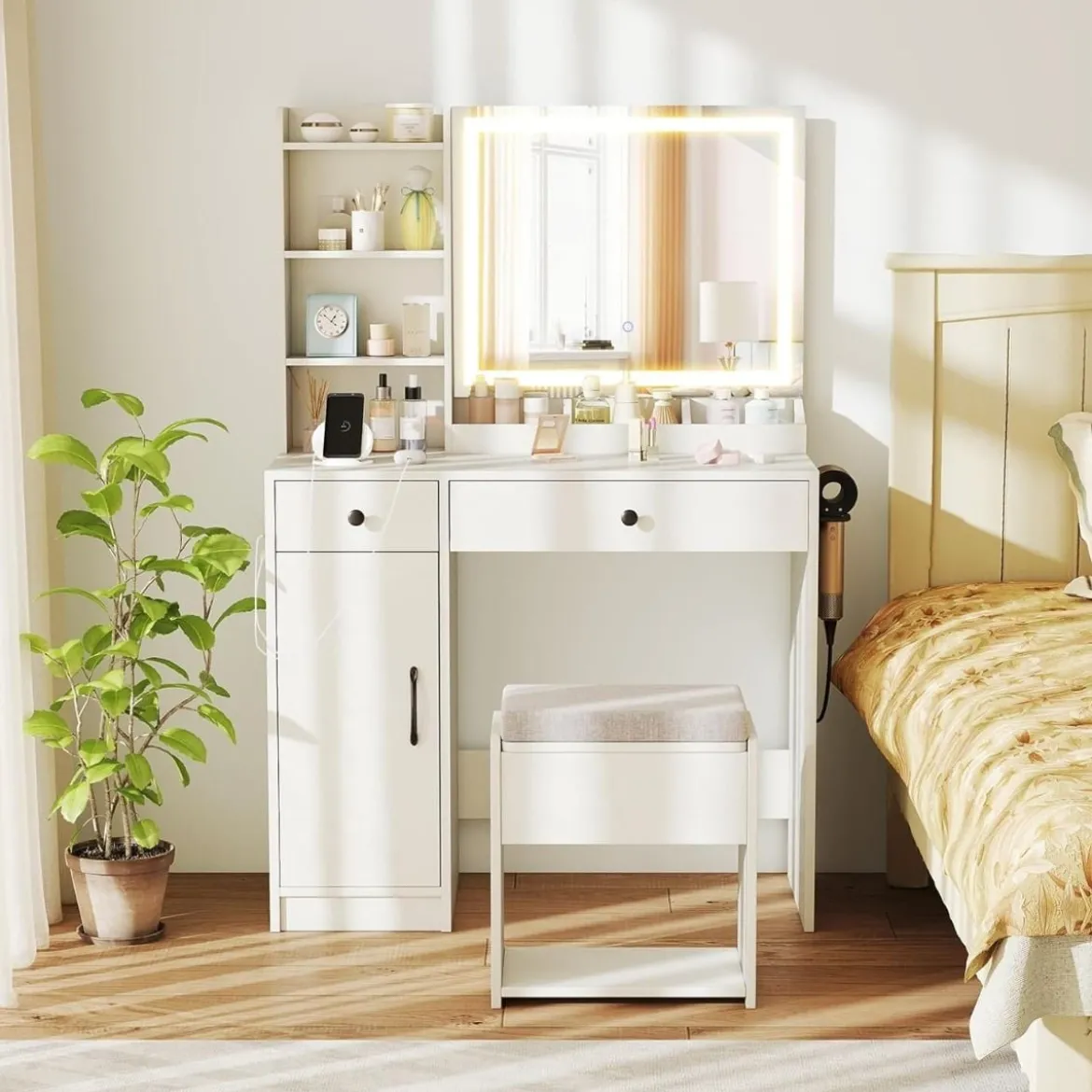 Schminktisch mit Hocker & LED-Spiegel & Steckdosen Frisierttisch-Set Kosmetiktisch Weiß