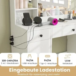 Schminktisch mit Hocker & LED-Spiegel & Steckdosen Frisierttisch-Set Kosmetiktisch Weiß