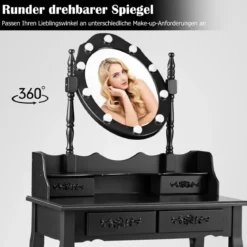 Schminktisch mit Hocker Spiegel & 10 dimmbaren LED-Birnen 75 x 40 x 146 cm Schwarz