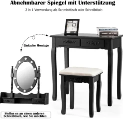 Schminktisch mit Hocker Spiegel & 10 dimmbaren LED-Birnen 75 x 40 x 146 cm Schwarz
