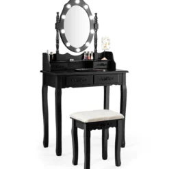Schminktisch mit Hocker Spiegel & 10 dimmbaren LED-Birnen 75 x 40 x 146 cm Schwarz