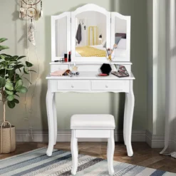 Schminktisch mit Hocker & 3-teiligem Klappbarem Spiegel & 4 Schubladen Frisiertisch Weiß