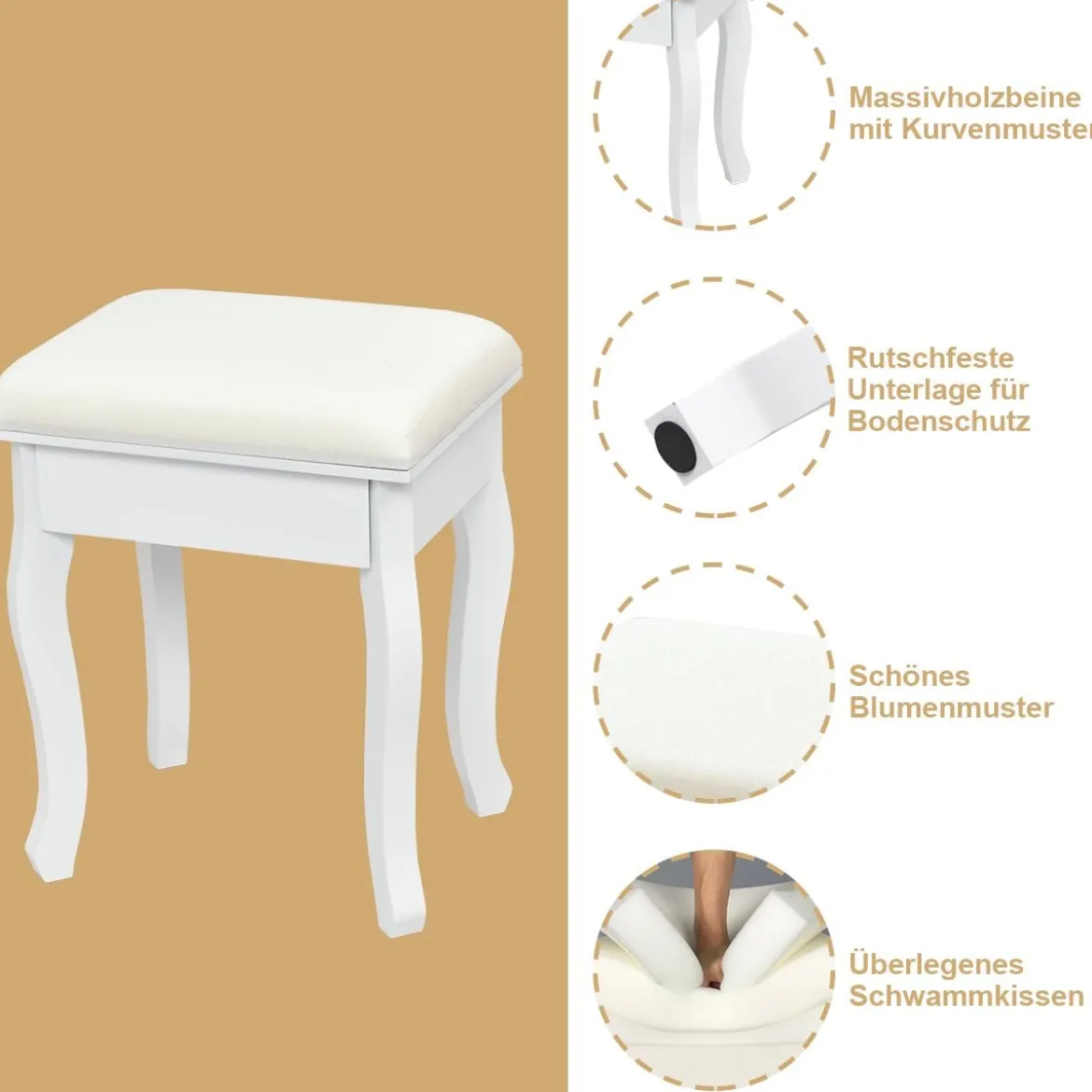 Schminktisch mit Hocker & 3-teiligem Klappbarem Spiegel & 4 Schubladen Frisiertisch Weiß