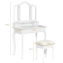 Schminktisch mit Hocker & 3-teiligem Klappbarem Spiegel & 4 Schubladen Frisiertisch Weiß