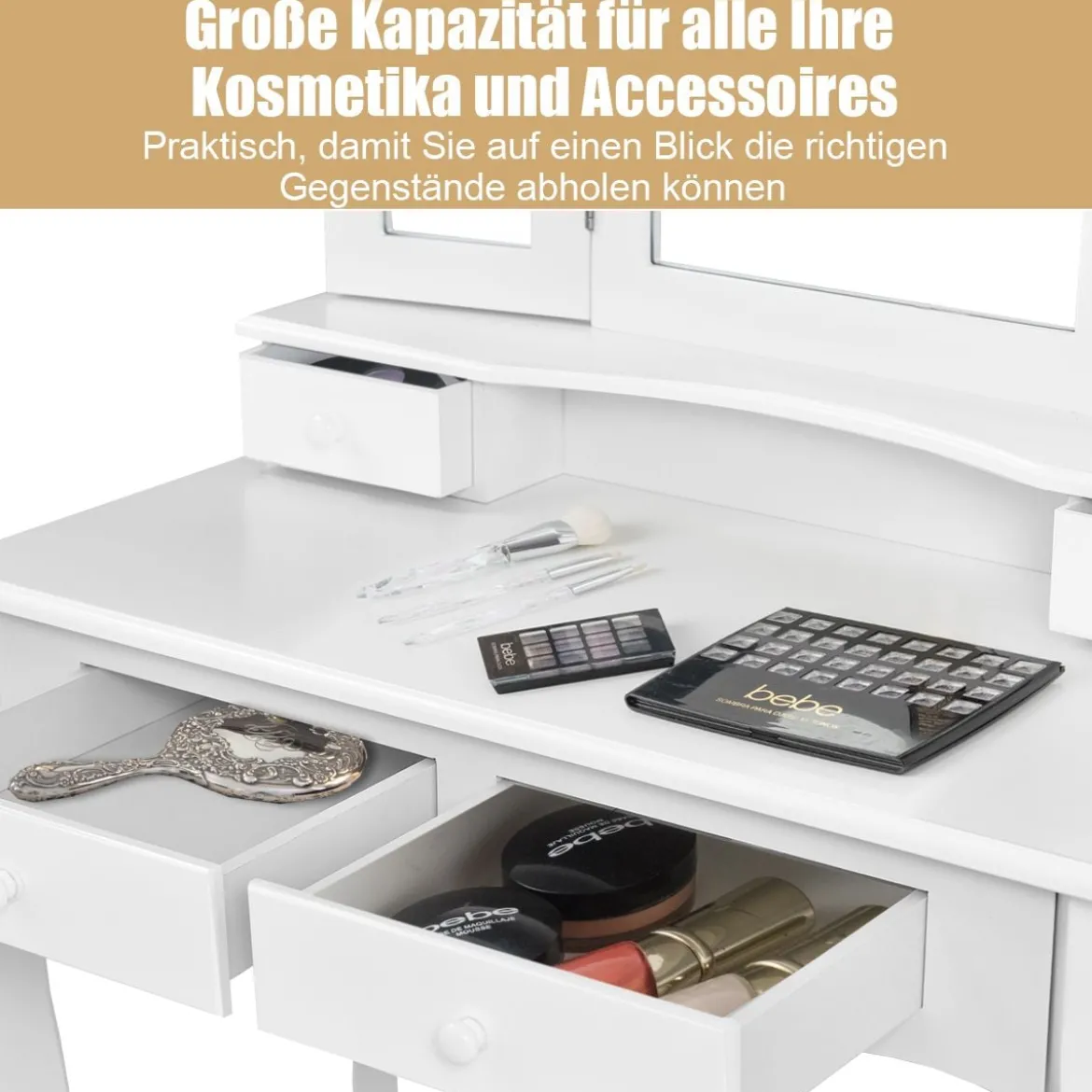 Schminktisch mit Hocker & 3-teiligem Klappbarem Spiegel & 4 Schubladen Frisiertisch Weiß