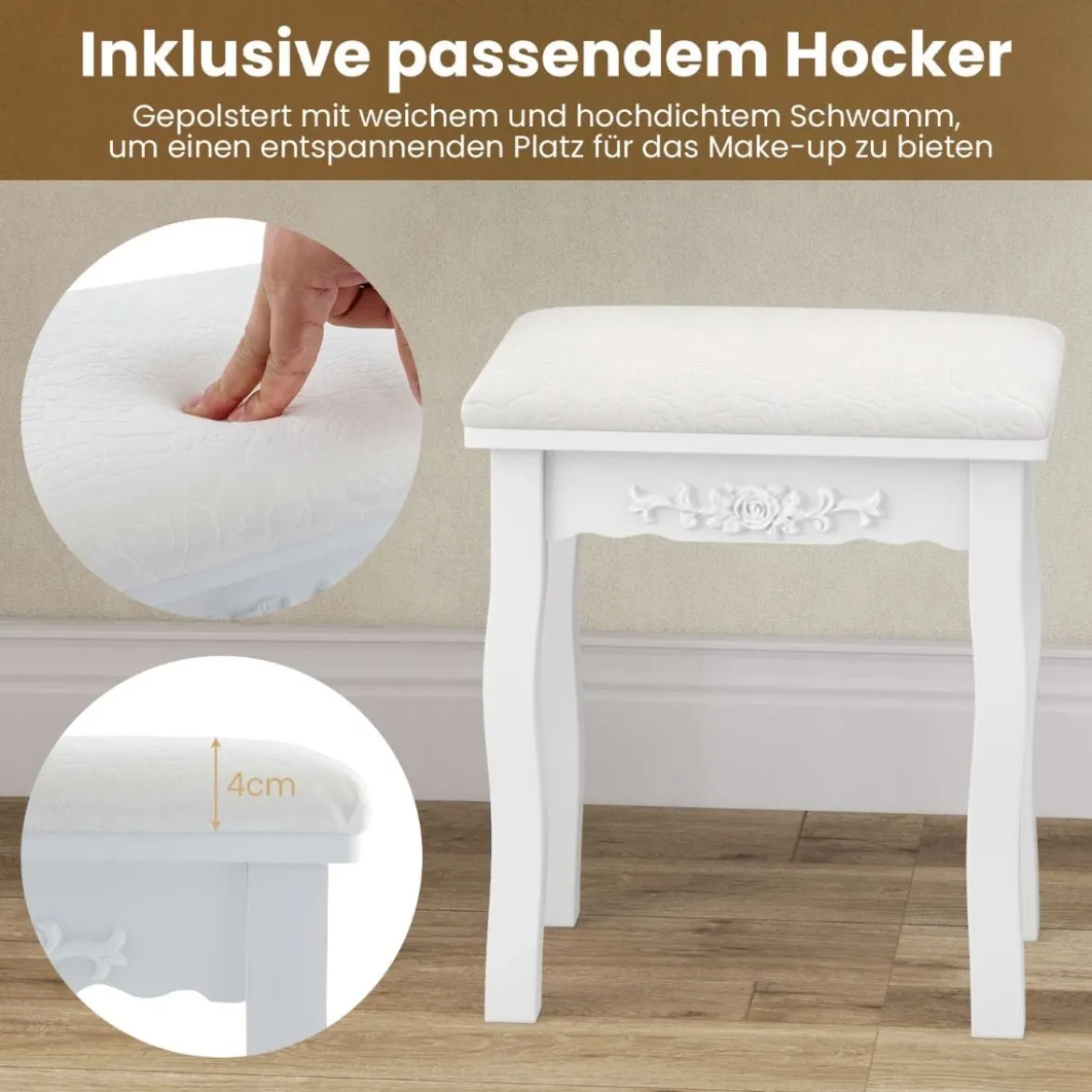 Schminktisch mit LED-Beleuchtung 3 Farben mit Einstellbarer Helligkeit Frisiertisch mit Hocker Weiß