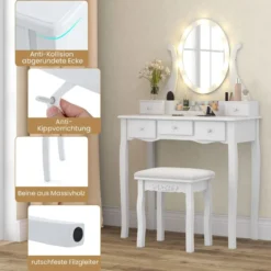 Schminktisch mit LED-Beleuchtung 3 Farben mit Einstellbarer Helligkeit Frisiertisch mit Hocker Weiß