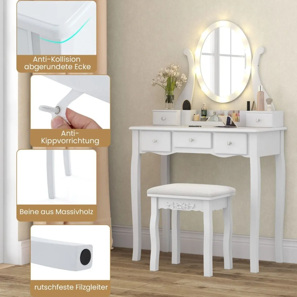 Schminktisch mit LED-Beleuchtung 3 Farben mit Einstellbarer Helligkeit Frisiertisch mit Hocker Weiß