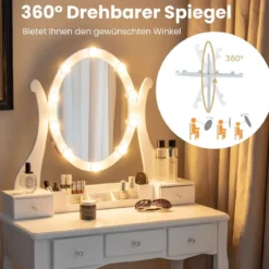 Schminktisch mit LED-Beleuchtung 3 Farben mit Einstellbarer Helligkeit Frisiertisch mit Hocker Weiß