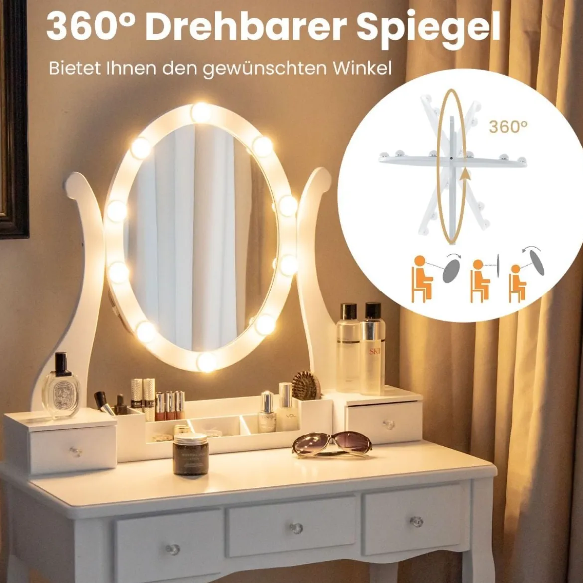 Schminktisch mit LED-Beleuchtung 3 Farben mit Einstellbarer Helligkeit Frisiertisch mit Hocker Weiß
