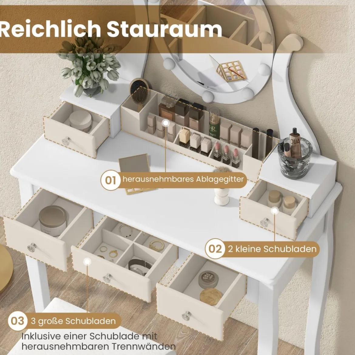 Schminktisch mit LED-Beleuchtung 3 Farben mit Einstellbarer Helligkeit Frisiertisch mit Hocker Weiß