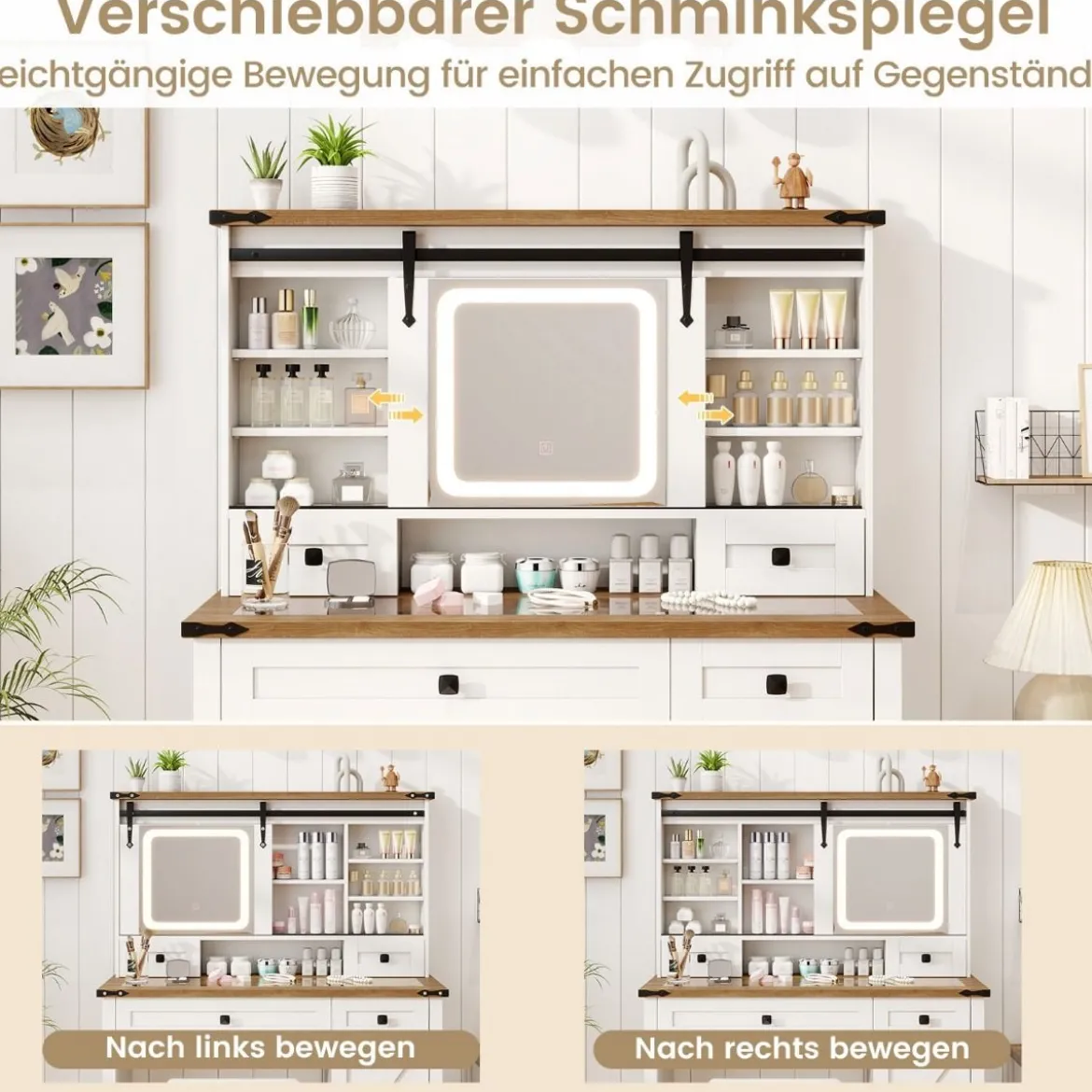 Schminktisch mit LED-Beleuchtung 3 Farben mit Einstellbarer Helligkeit Kosmetiktisch Weiß