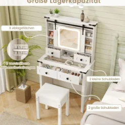 Schminktisch mit LED-Beleuchtung 3 Farben mit Einstellbarer Helligkeit Kosmetiktisch mit Schiebespiegel Weiß