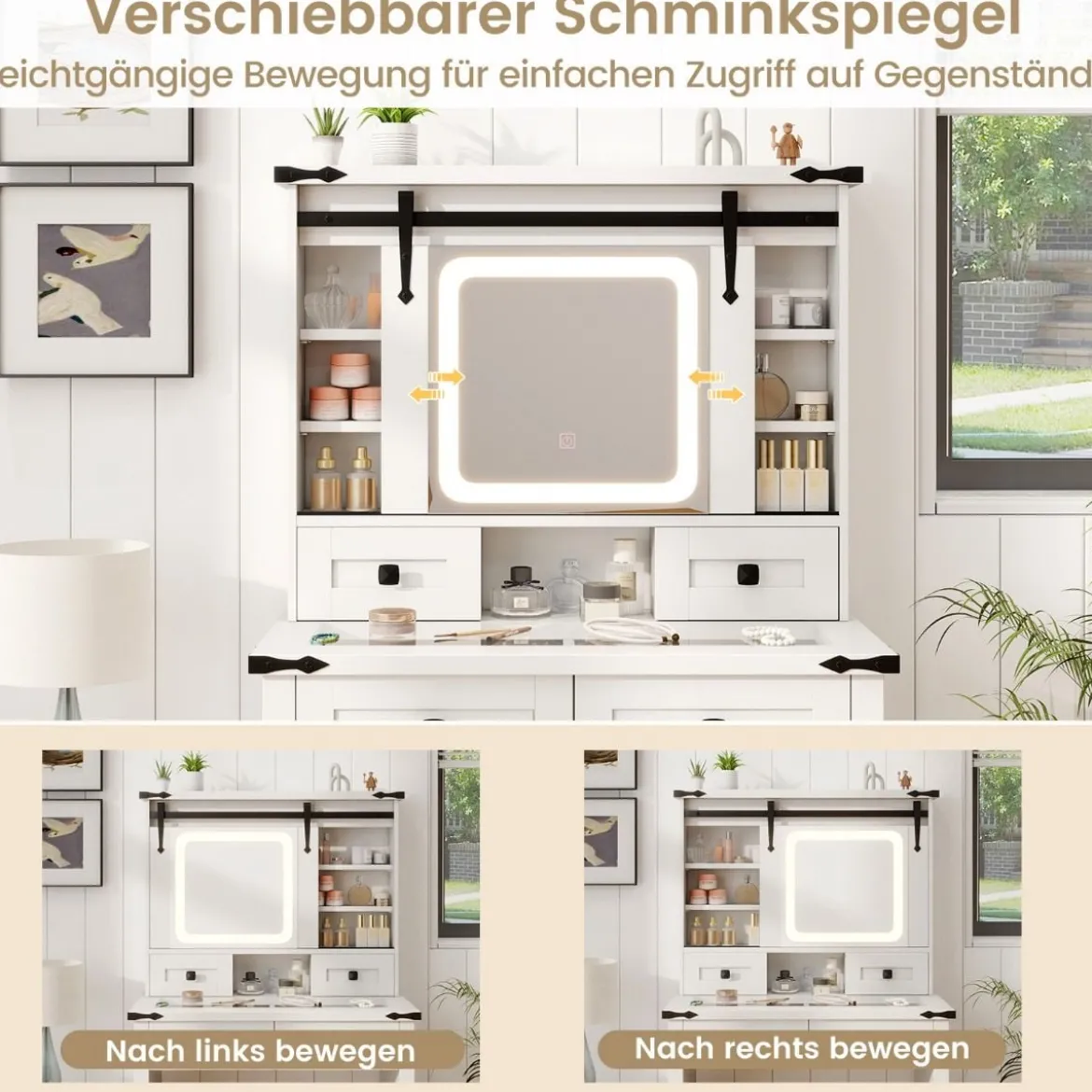 Schminktisch mit LED-Beleuchtung 3 Farben mit Einstellbarer Helligkeit Kosmetiktisch mit Schiebespiegel Weiß