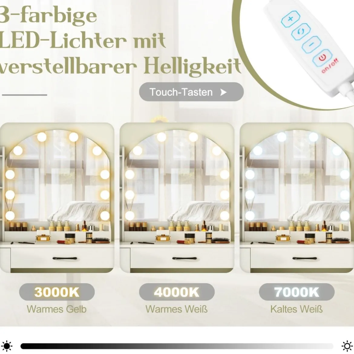 Schminktisch mit LED-Beleuchtung 3 Farben mit Einstellbarer Helligkeit Weiß