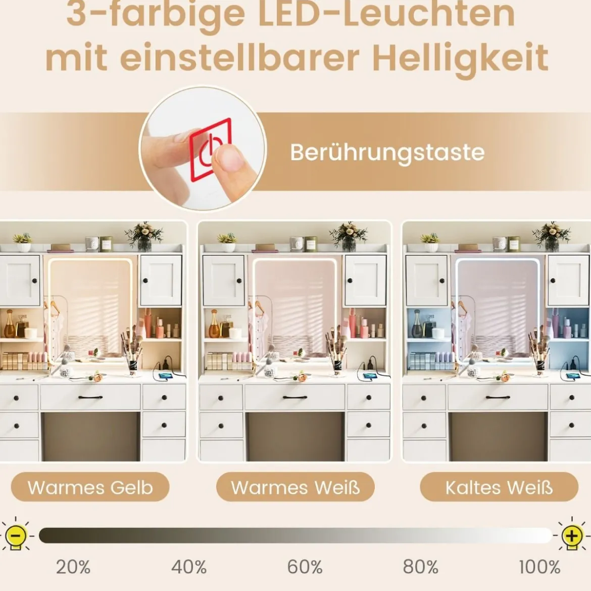 Schminktisch mit LED-Beleuchtung 3 Farben mit Einstellbarer Helligkeit Kosmetiktisch mit Spiegel Weiß