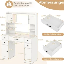 Schminktisch mit LED-Beleuchtung 3 Farben mit Einstellbarer Helligkeit Kosmetiktisch mit Spiegel Weiß