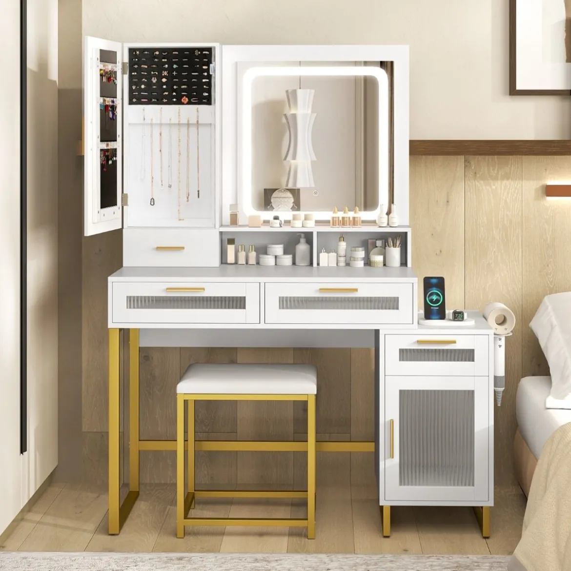Schminktisch mit LED-Beleuchtung & Ladestation & Hocker Frisiertisch Schmuckschrank