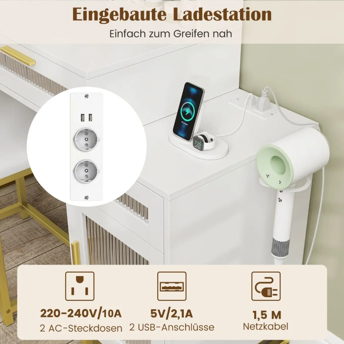 Schminktisch mit LED-Beleuchtung & Ladestation & Hocker Frisiertisch Schmuckschrank