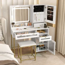 Schminktisch mit LED-Beleuchtung & Ladestation & 3 Schubladen Schmuckschrank Frisiertisch