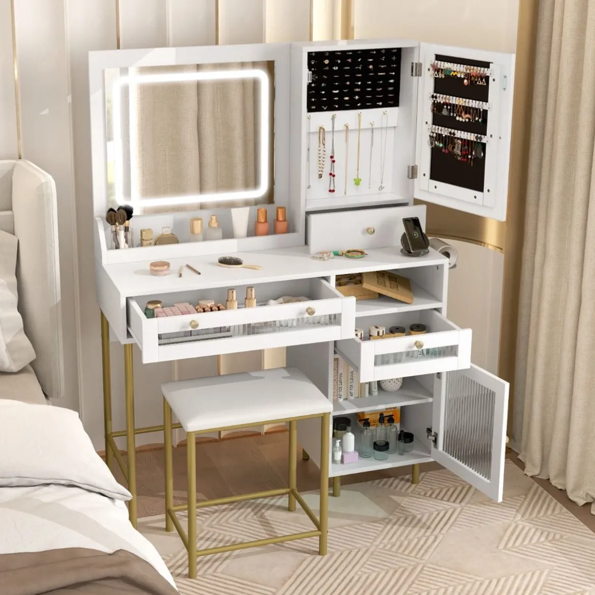 Schminktisch mit LED-Beleuchtung & Ladestation & 3 Schubladen Schmuckschrank Frisiertisch