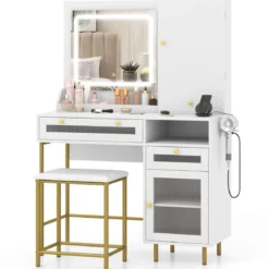 Schminktisch mit LED-Beleuchtung & Ladestation & 3 Schubladen Schmuckschrank Frisiertisch