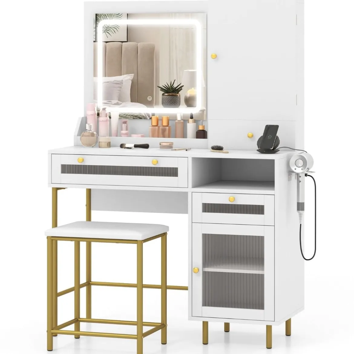 Schminktisch mit LED-Beleuchtung & Ladestation & 3 Schubladen Schmuckschrank Frisiertisch