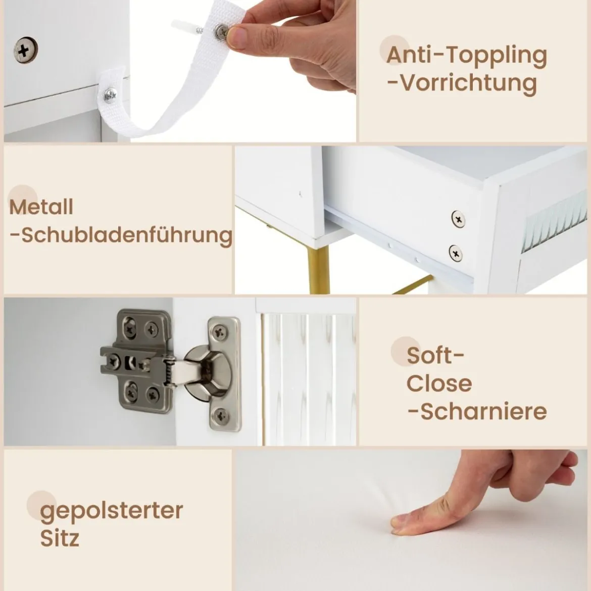 Schminktisch mit LED-Beleuchtung & Ladestation & 3 Schubladen Schmuckschrank Frisiertisch