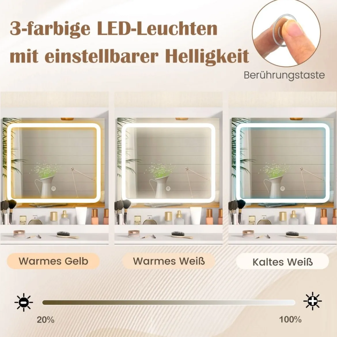 Schminktisch mit LED-Beleuchtung & Ladestation & 3 Schubladen Schmuckschrank Frisiertisch