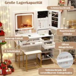 Schminktisch mit LED-Beleuchtung & Ladestation & 3 Schubladen Schmuckschrank Frisiertisch