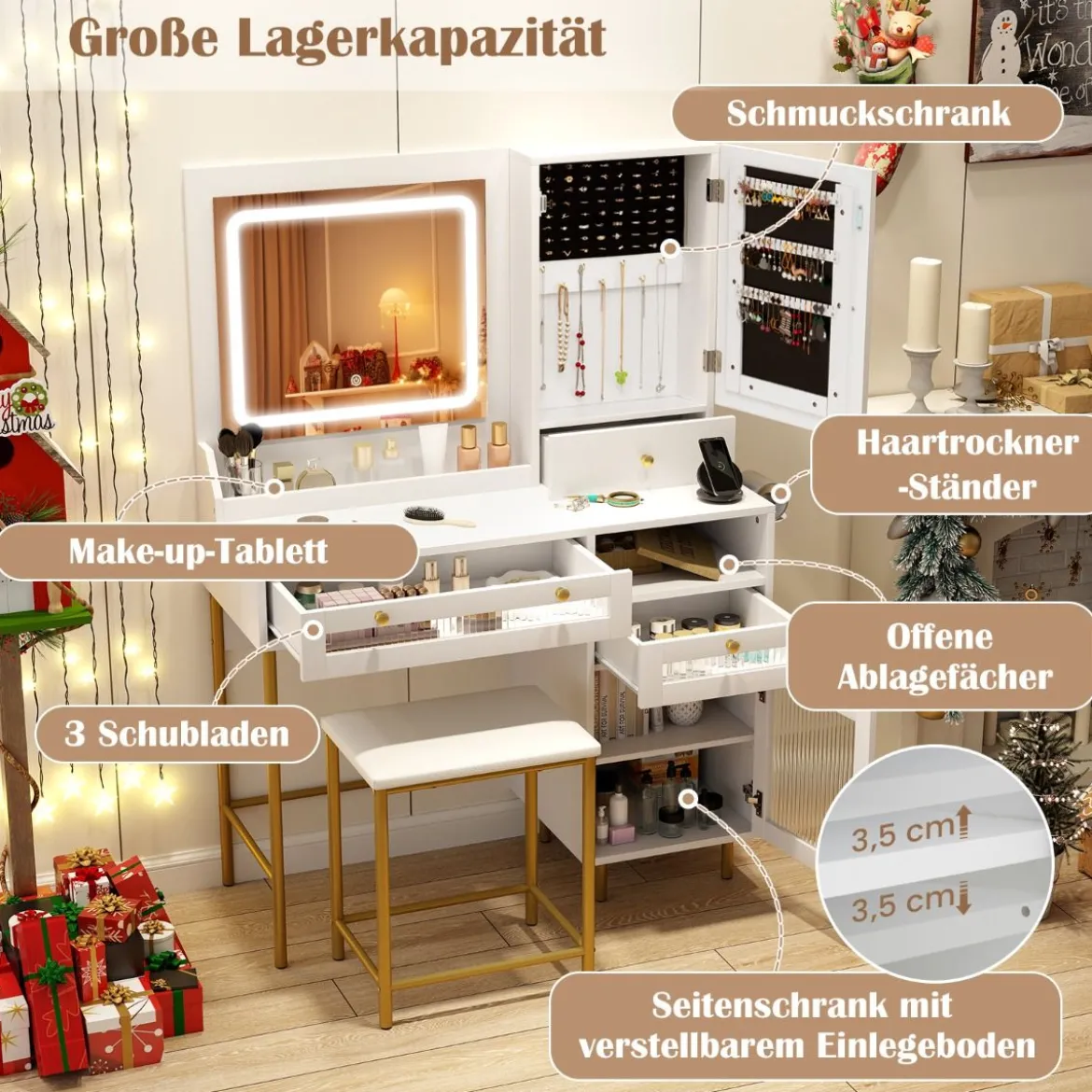 Schminktisch mit LED-Beleuchtung & Ladestation & 3 Schubladen Schmuckschrank Frisiertisch