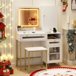 Schminktisch mit LED-Beleuchtung & Ladestation & 3 Schubladen Schmuckschrank Frisiertisch