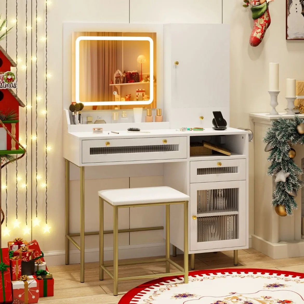 Schminktisch mit LED-Beleuchtung & Ladestation & 3 Schubladen Schmuckschrank Frisiertisch