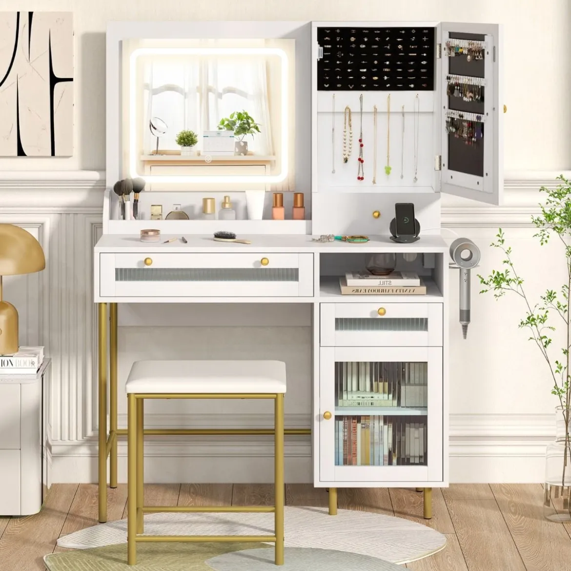 Schminktisch mit LED-Beleuchtung & Ladestation & 3 Schubladen Schmuckschrank Frisiertisch