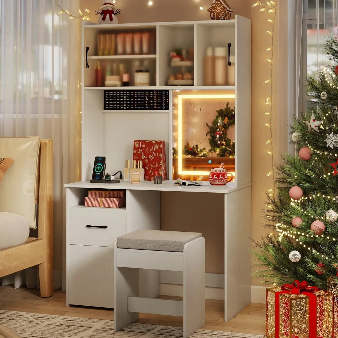Schminktisch mit LED Beleuchtung & Hocker & Steckdosen Frisiertisch Kosmetiktisch Weiß